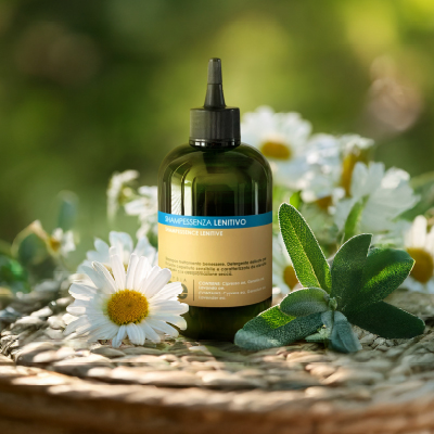 immagine del prodotto dello shampoo lenitivo ambientato su sfondo con foglie verdi e margherite